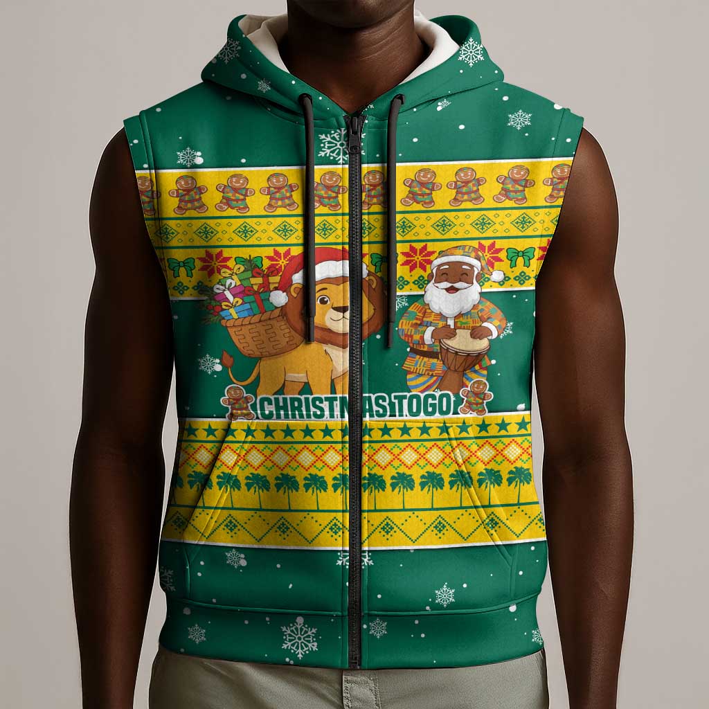 Togo Christmas Sleeveless Zip Hoodie African Santa Lion Drummer Gingerbread - African Pride