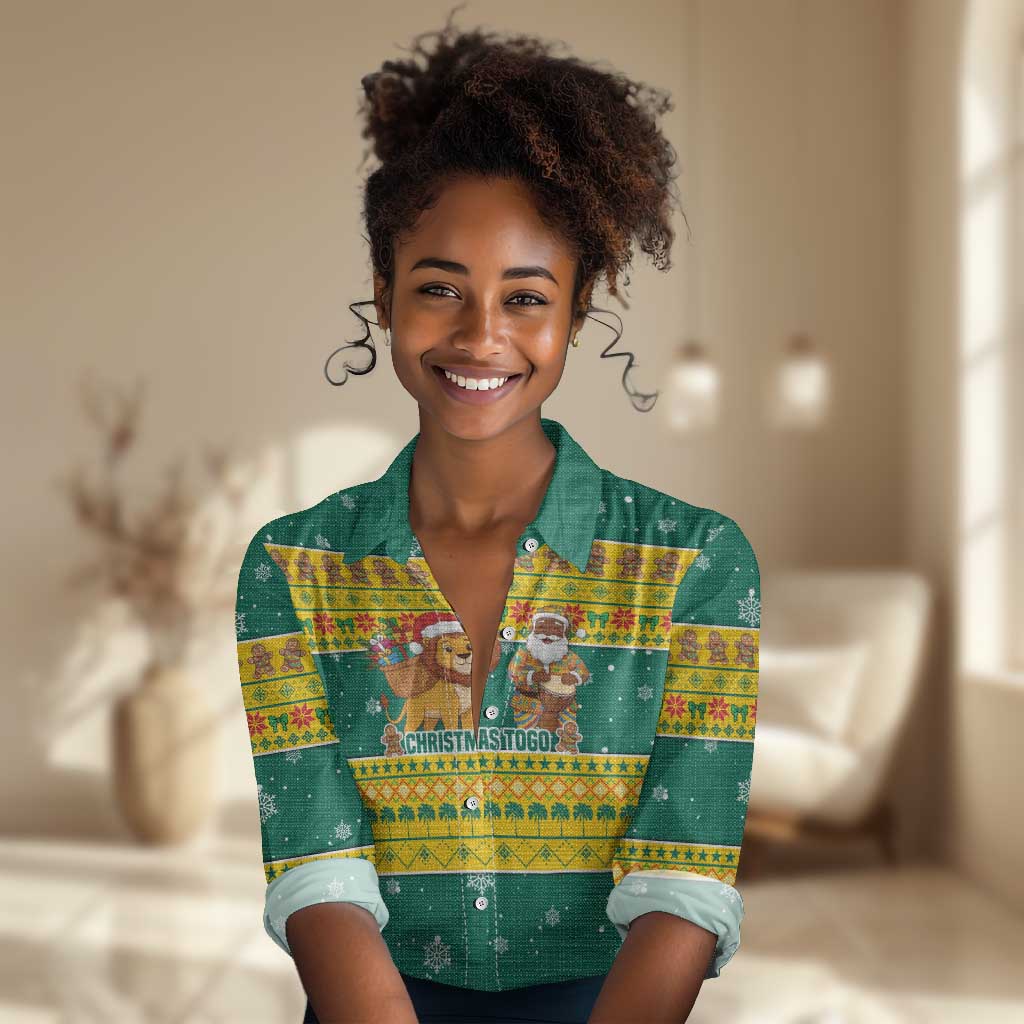 Togo Christmas Women Casual Shirt African Santa Lion Drummer Gingerbread - African Pride