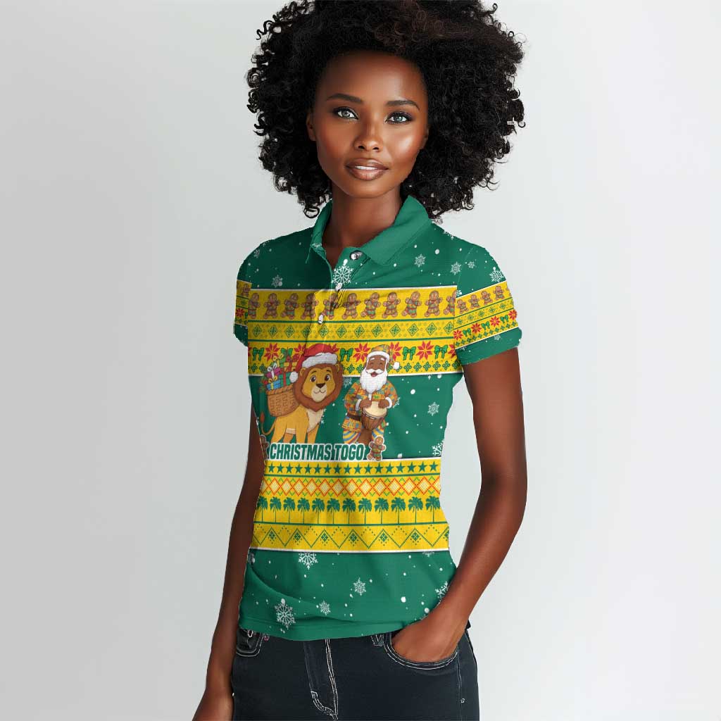 Togo Christmas Women Polo Shirt African Santa Lion Drummer Gingerbread - African Pride