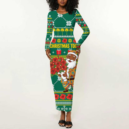 Togo Christmas Long Sleeve Bodycon Dress African Santa Poinsettia Flower Tree Gifts - African Pride