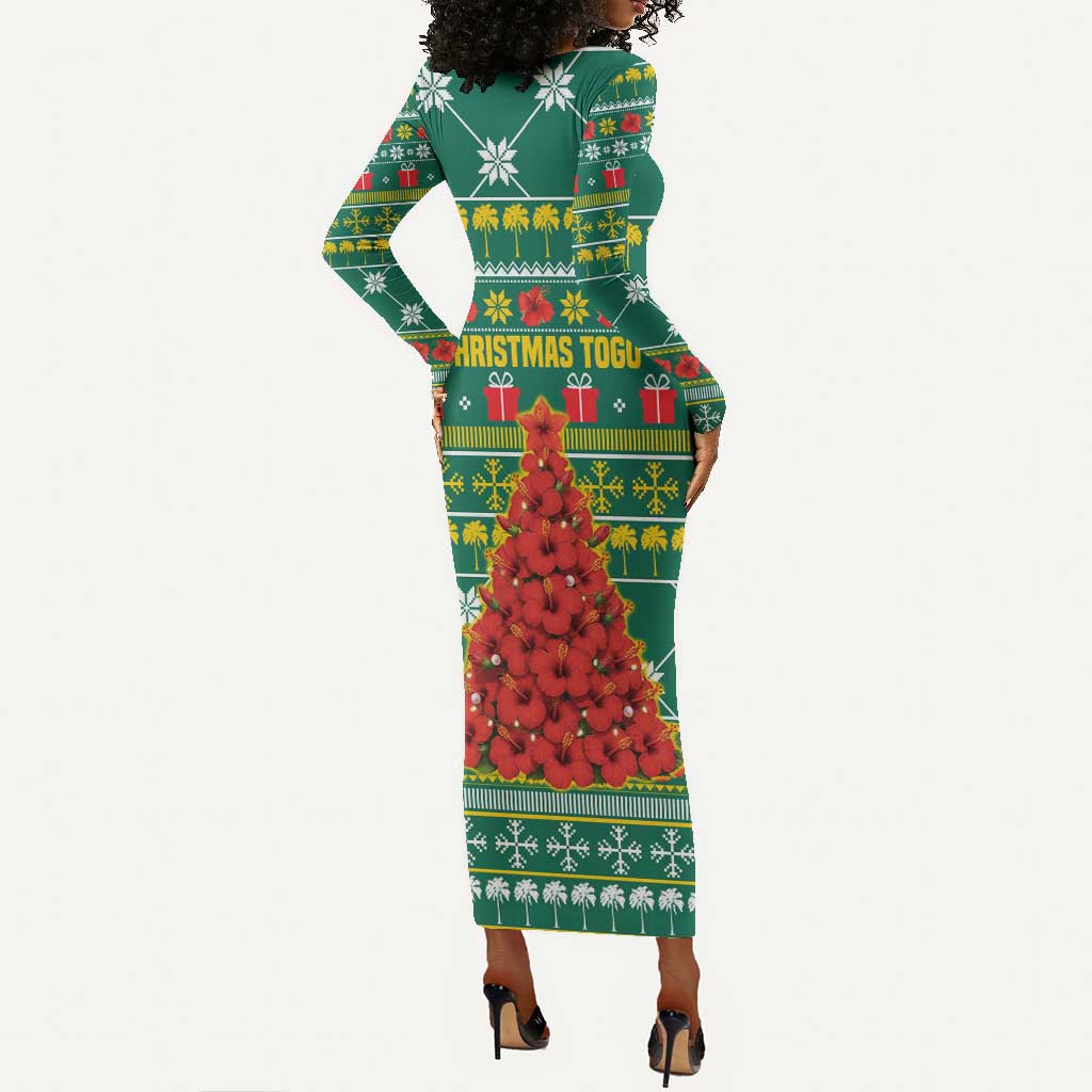 Togo Christmas Long Sleeve Bodycon Dress African Santa Poinsettia Flower Tree Gifts - African Pride