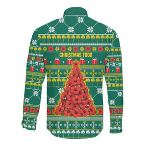 Togo Christmas Long Sleeve Button Shirt African Santa Poinsettia Flower Tree Gifts - African Pride