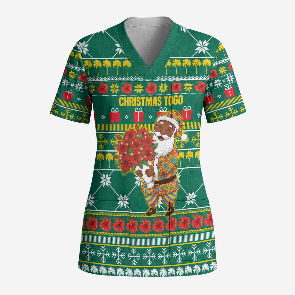 Togo Christmas Scrub Top African Santa Poinsettia Flower Tree Gifts - African Pride