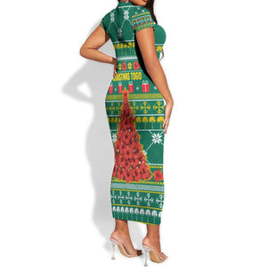 Togo Christmas Short Sleeve Bodycon Dress African Santa Poinsettia Flower Tree Gifts - African Pride