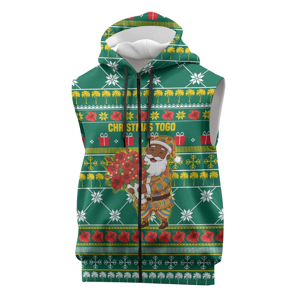 Togo Christmas Sleeveless Zip Hoodie African Santa Poinsettia Flower Tree Gifts - African Pride