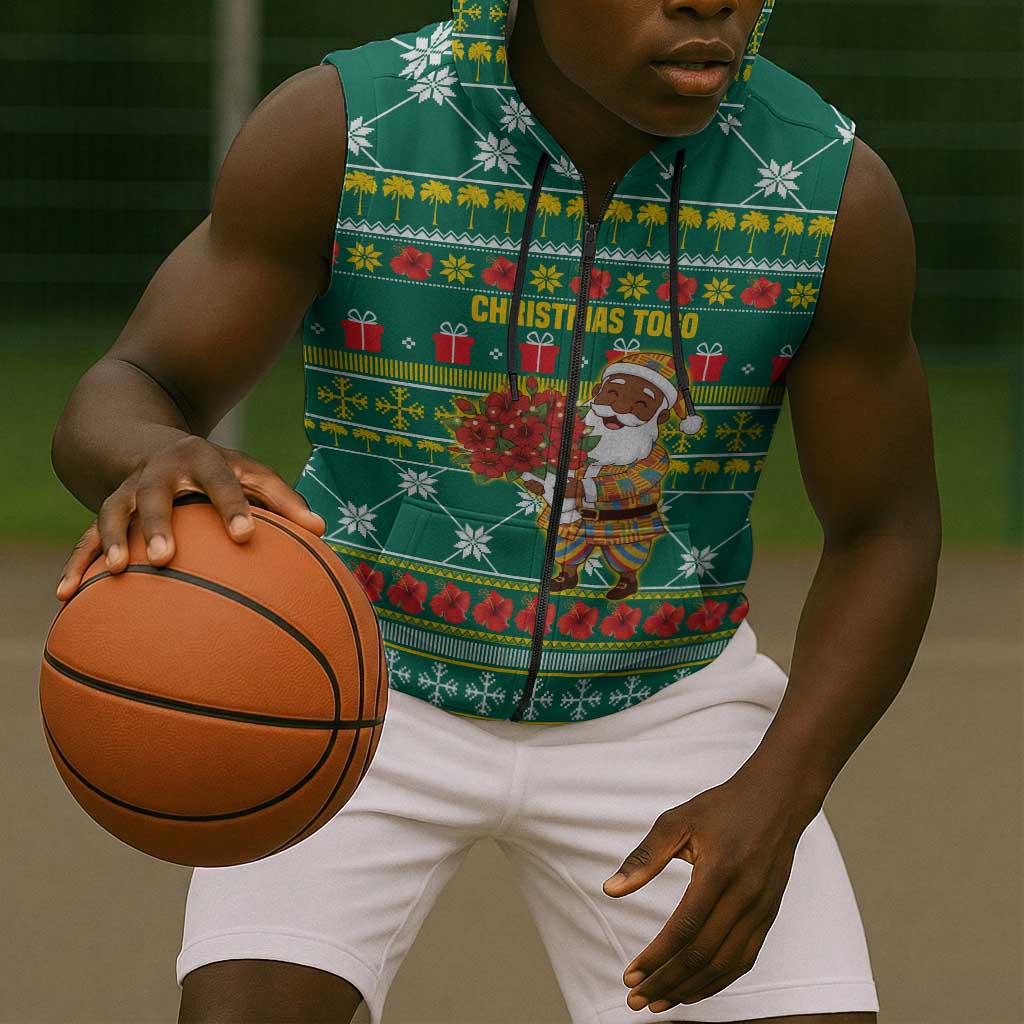Togo Christmas Sleeveless Zip Hoodie African Santa Poinsettia Flower Tree Gifts - African Pride