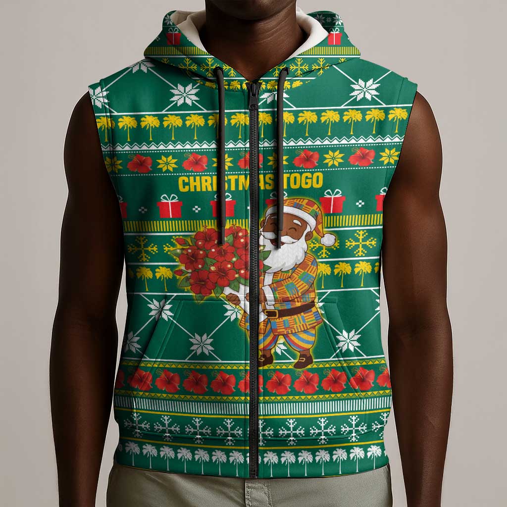 Togo Christmas Sleeveless Zip Hoodie African Santa Poinsettia Flower Tree Gifts - African Pride