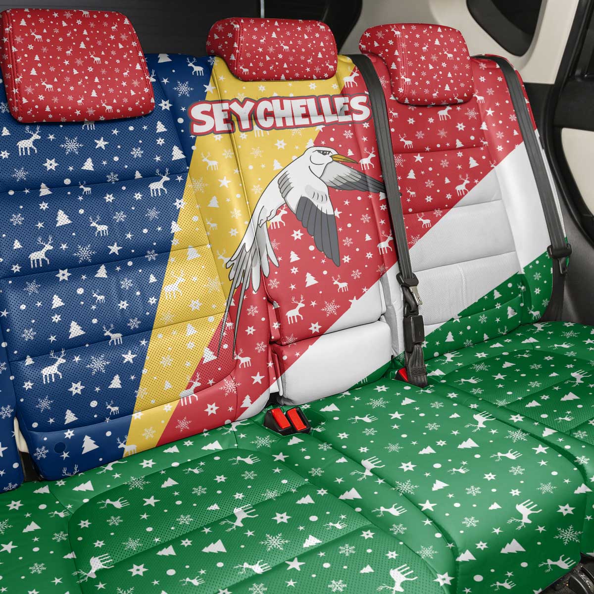 Seychelles Christmas Back Car Seat Cover Flag Colors Tropical Bird Motif and National Coat of Arms - African Pride