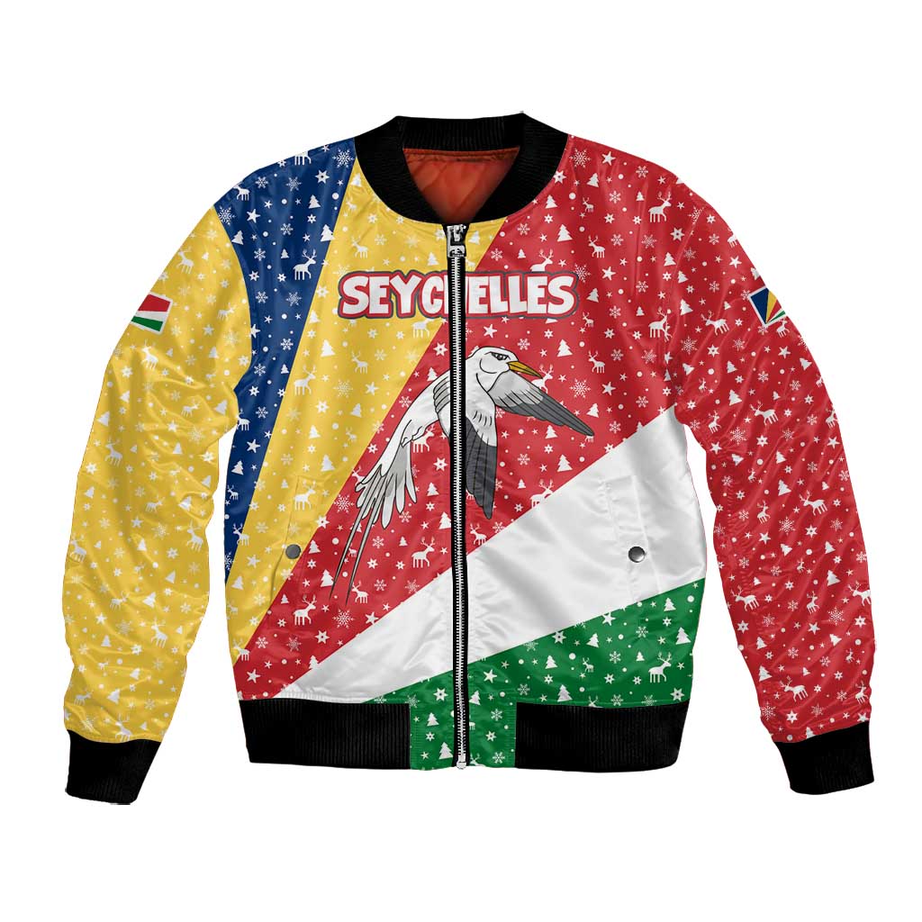 Seychelles Christmas Bomber Jacket Flag Colors Tropical Bird Motif and National Coat of Arms - African Pride