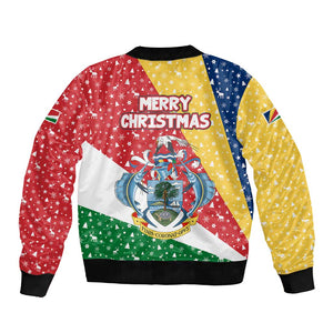 Seychelles Christmas Bomber Jacket Flag Colors Tropical Bird Motif and National Coat of Arms - African Pride