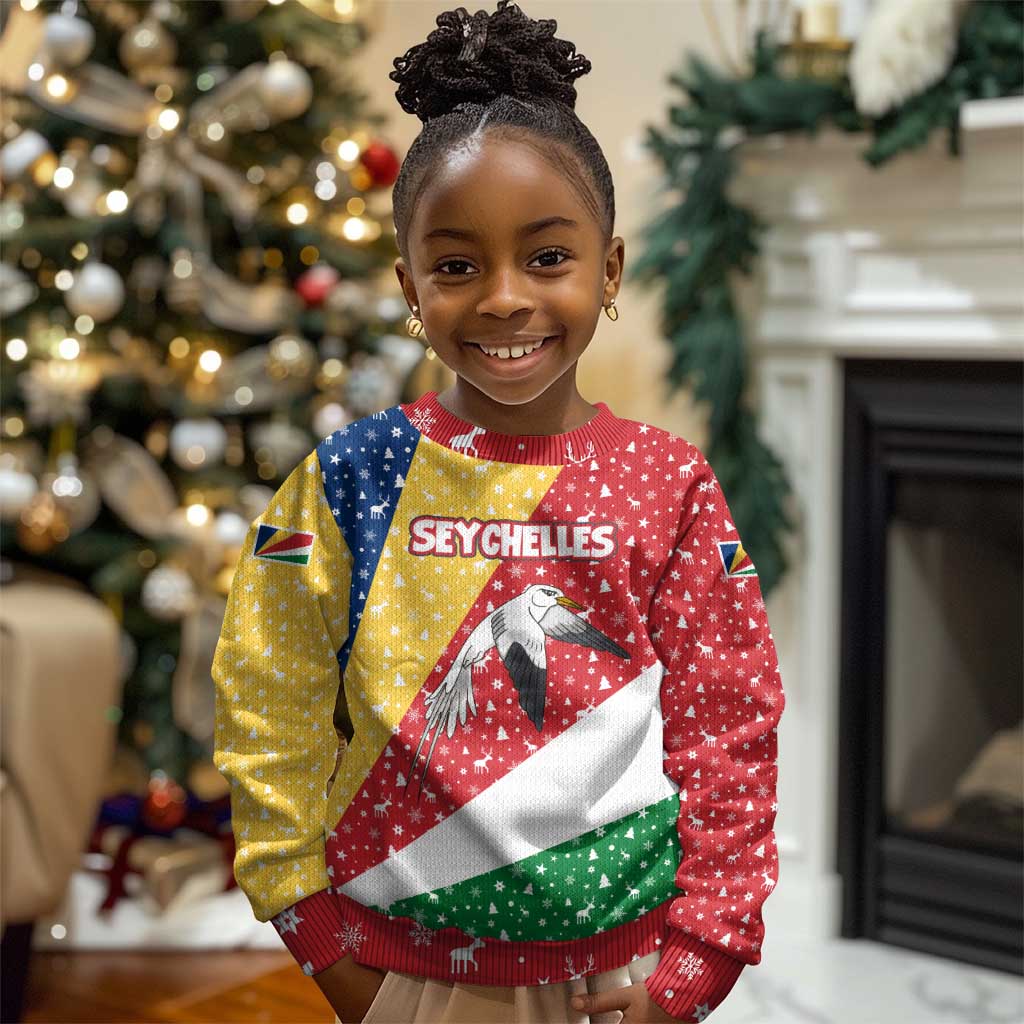 Seychelles Christmas Kid Ugly Christmas Sweater Flag Colors Tropical Bird Motif and National Coat of Arms - African Pride