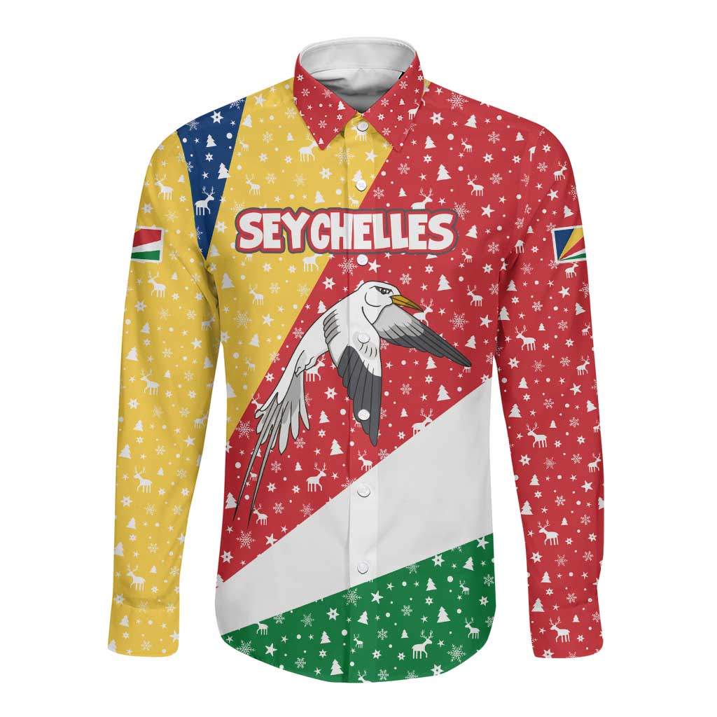 Seychelles Christmas Long Sleeve Button Shirt Flag Colors Tropical Bird Motif and National Coat of Arms - African Pride