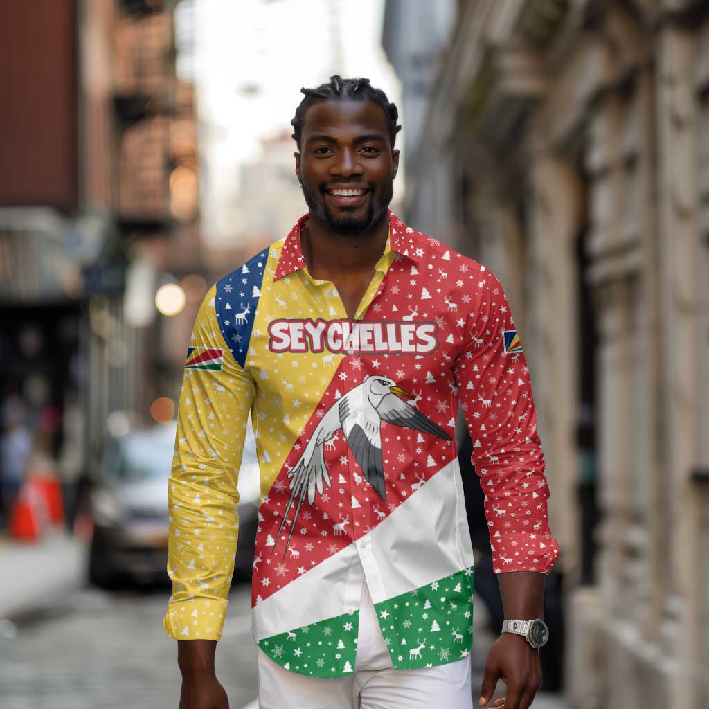 Seychelles Christmas Long Sleeve Button Shirt Flag Colors Tropical Bird Motif and National Coat of Arms - African Pride