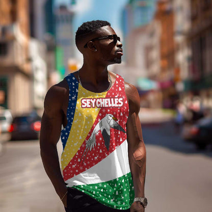 Seychelles Christmas Men Tank Top Flag Colors Tropical Bird Motif and National Coat of Arms - African Pride
