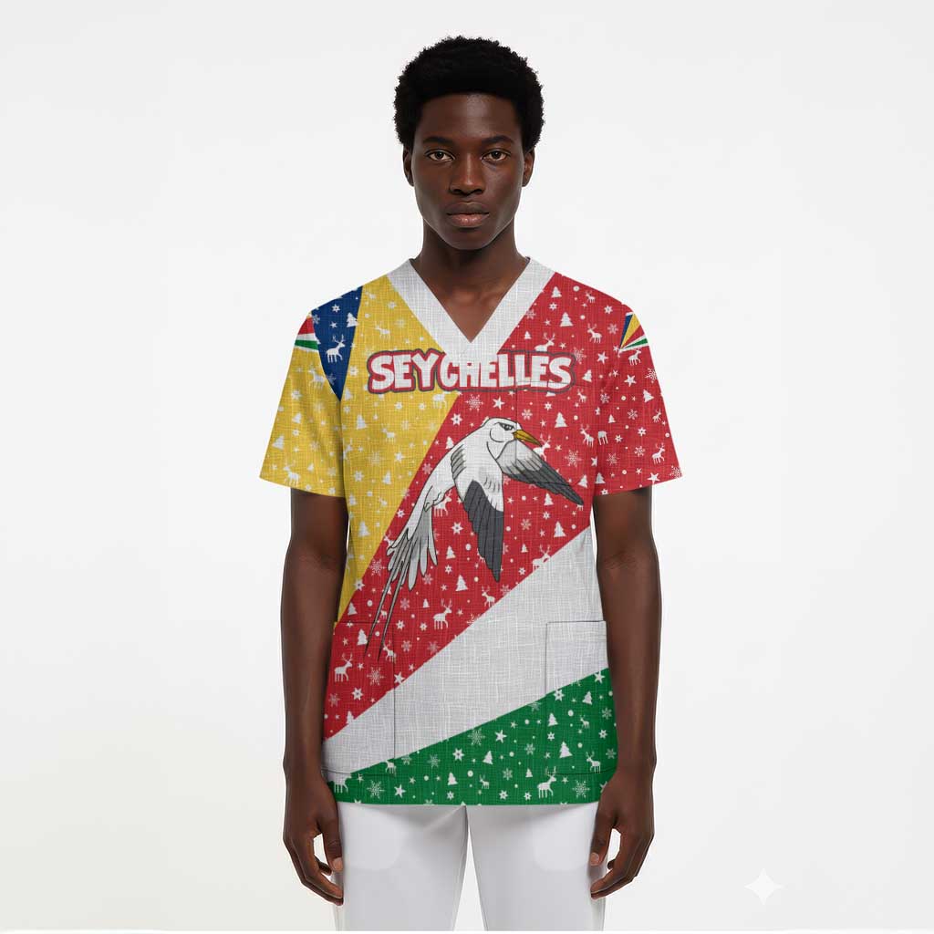 Seychelles Christmas Scrub Top Flag Colors Tropical Bird Motif and National Coat of Arms - African Pride