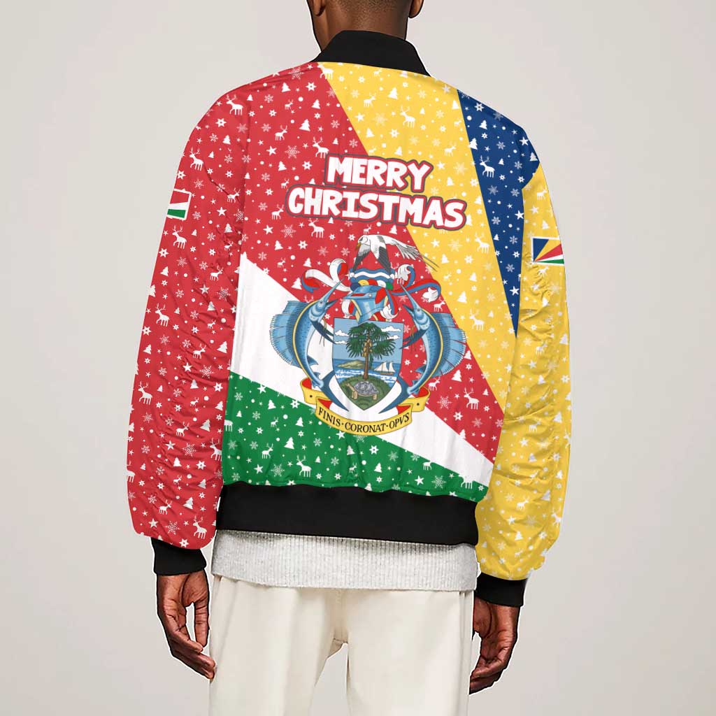 Seychelles Christmas Sleeve Zip Bomber Jacket Flag Colors Tropical Bird Motif and National Coat of Arms - African Pride