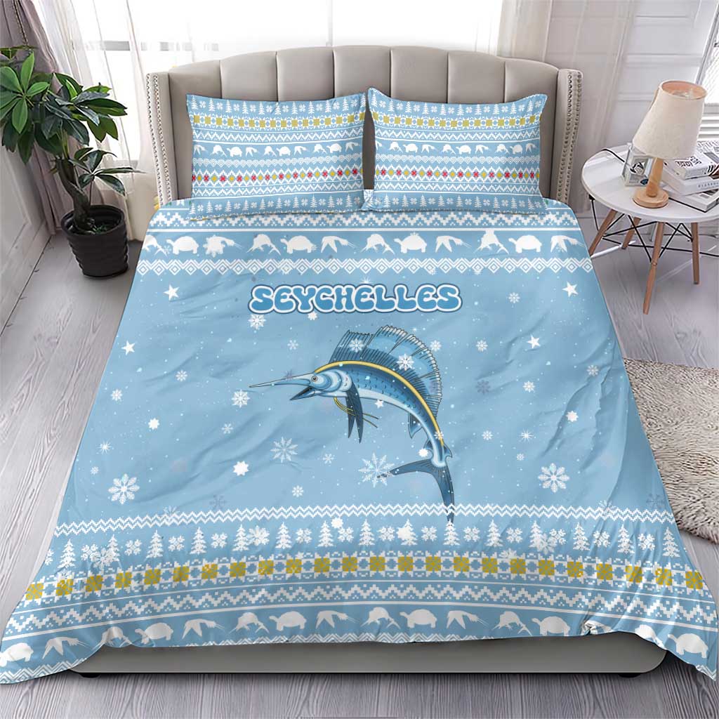 Seychelles Christmas Bedding Set Ocean Blue Marlin Fish Artwork and Surfing Santa Motif - African Pride