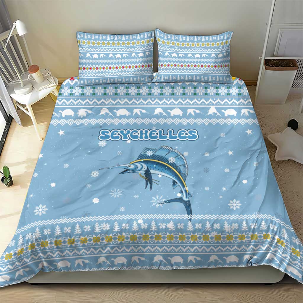 Seychelles Christmas Bedding Set Ocean Blue Marlin Fish Artwork and Surfing Santa Motif - African Pride