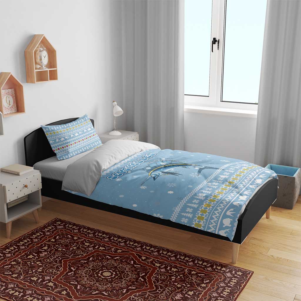 Seychelles Christmas Bedding Set Ocean Blue Marlin Fish Artwork and Surfing Santa Motif - African Pride