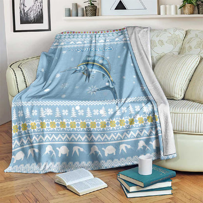 Seychelles Christmas Blanket Ocean Blue Marlin Fish Artwork and Surfing Santa Motif - African Pride