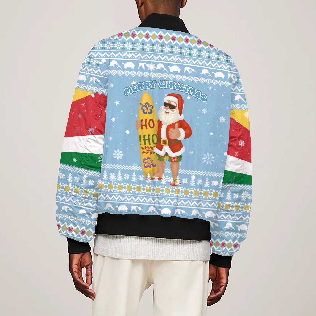 Seychelles Christmas Bomber Jacket Ocean Blue Marlin Fish Artwork and Surfing Santa Motif - African Pride