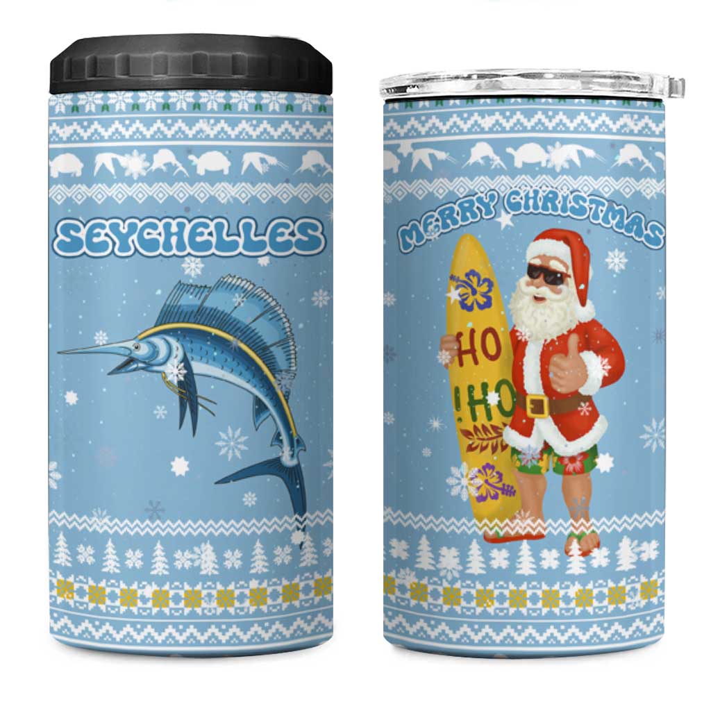 Seychelles Christmas 4 in 1 Can Cooler Tumbler Ocean Blue Marlin Fish Artwork and Surfing Santa Motif - African Pride