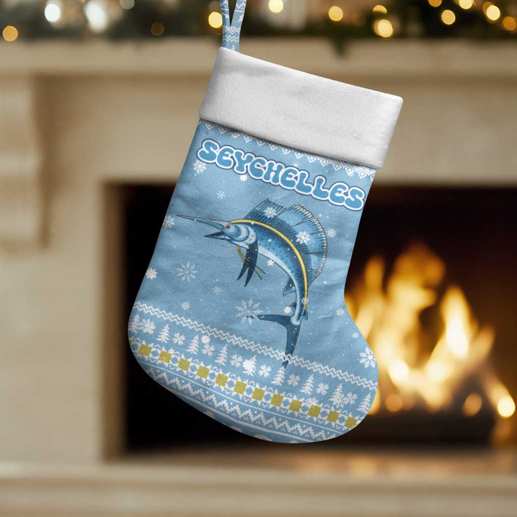 Seychelles Christmas Stocking Ocean Blue Marlin Fish Artwork and Surfing Santa Motif - African Pride