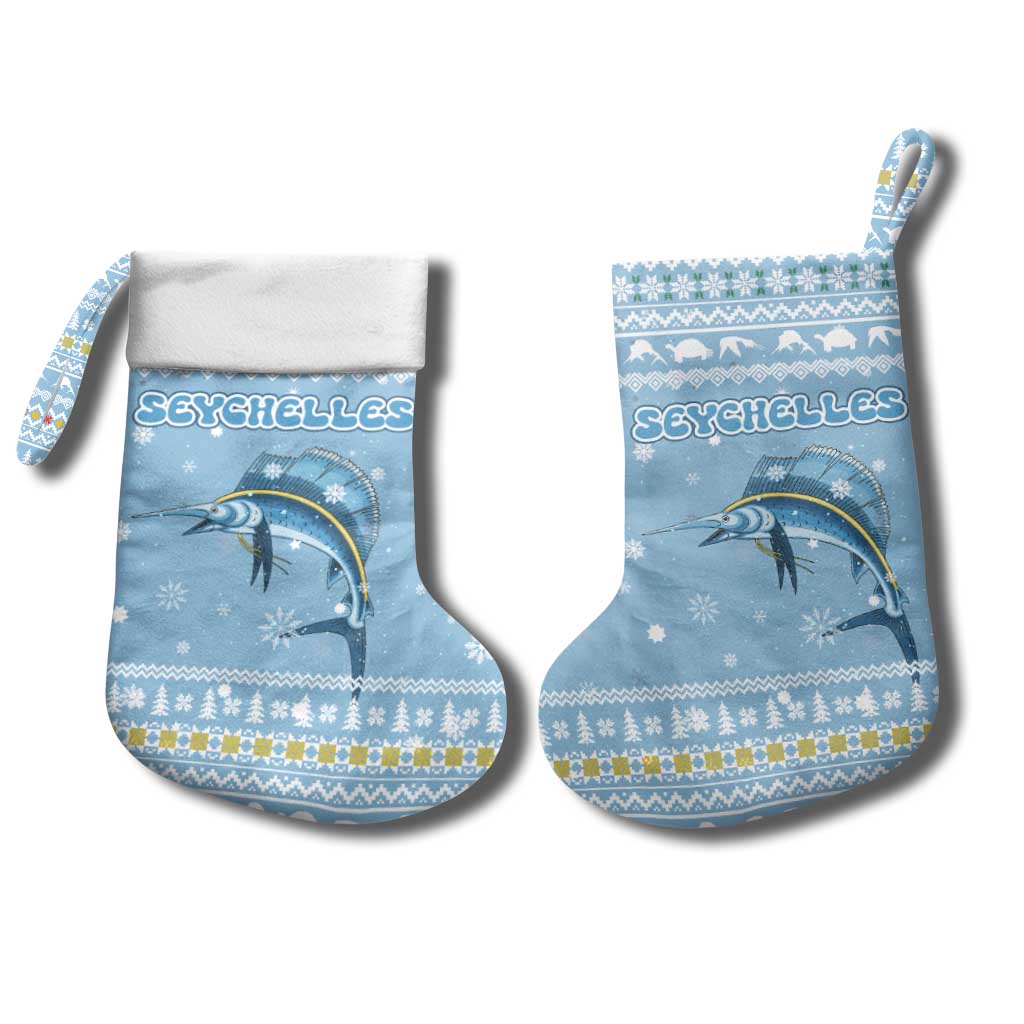 Seychelles Christmas Stocking Ocean Blue Marlin Fish Artwork and Surfing Santa Motif - African Pride