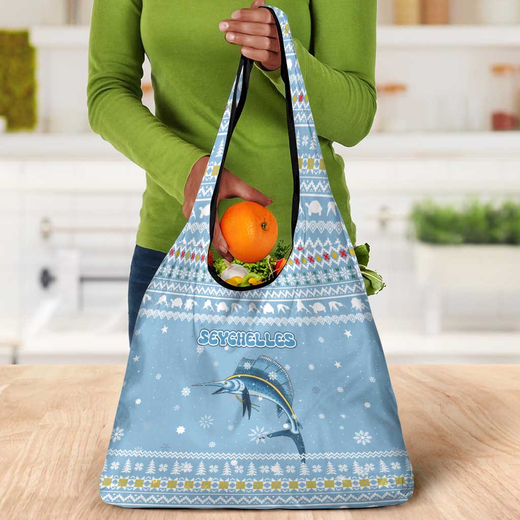 Seychelles Christmas Grocery Bag Ocean Blue Marlin Fish Artwork and Surfing Santa Motif - African Pride