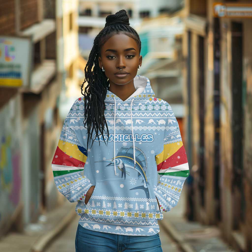 Seychelles Christmas Hoodie Ocean Blue Marlin Fish Artwork and Surfing Santa Motif - African Pride