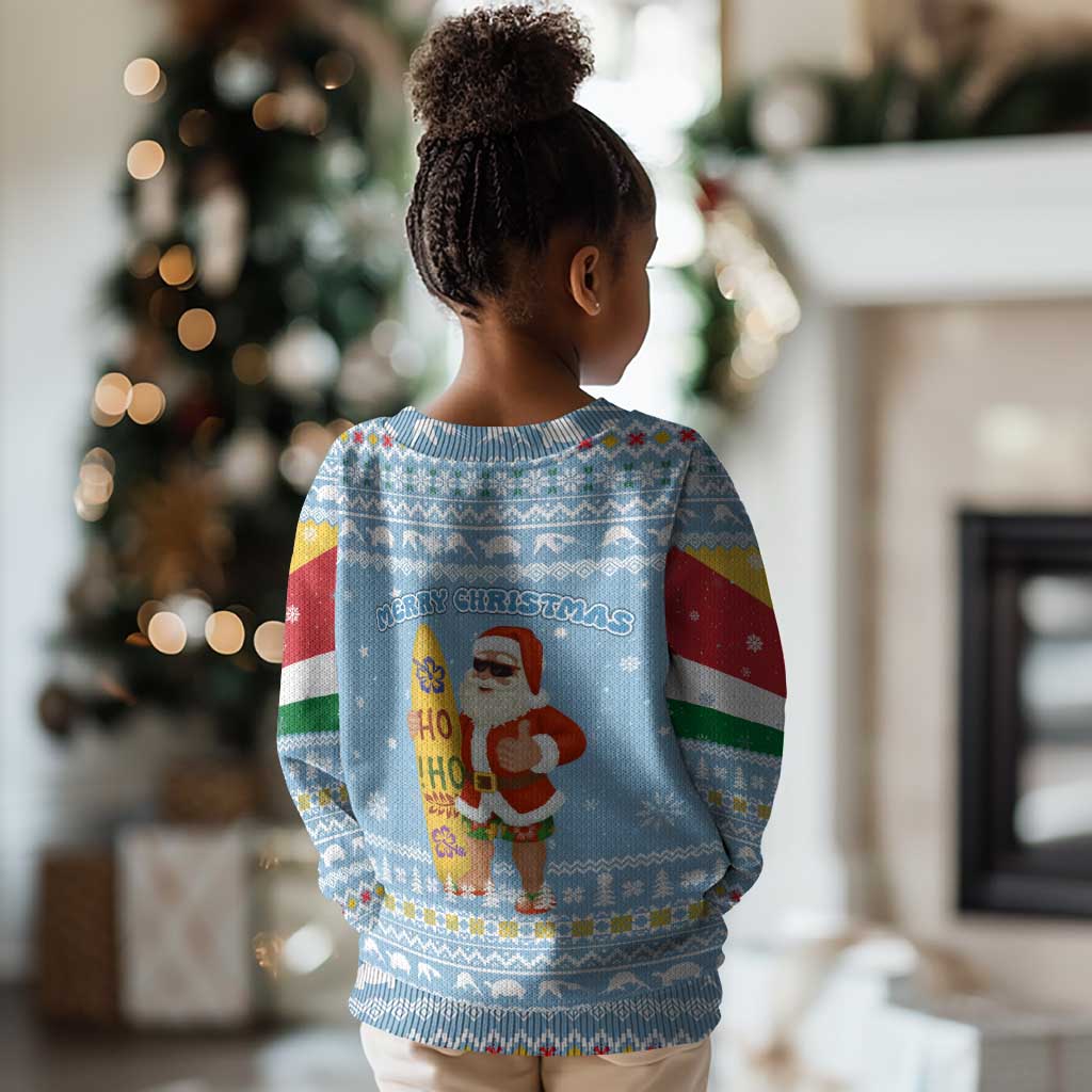 Seychelles Christmas Kid Ugly Christmas Sweater Ocean Blue Marlin Fish Artwork and Surfing Santa Motif - African Pride
