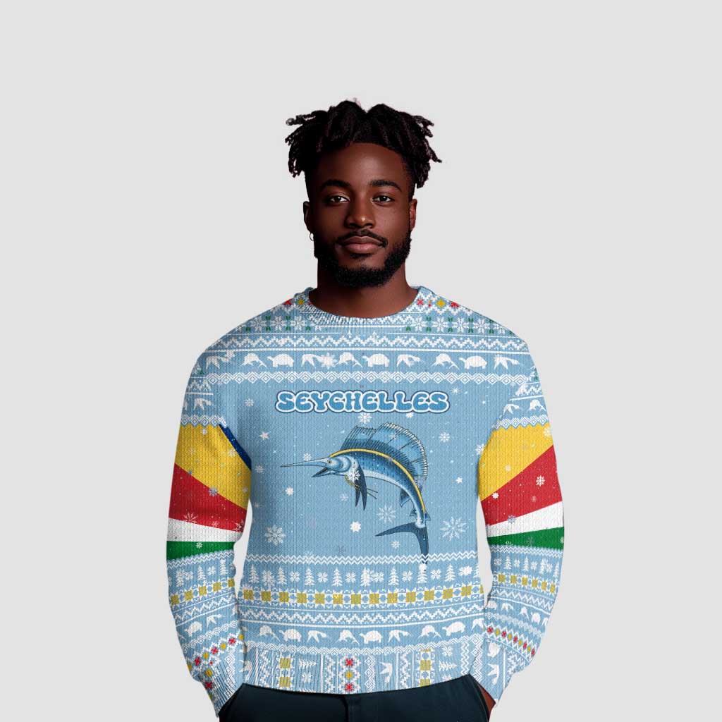 Seychelles Christmas Ugly Christmas Sweater Ocean Blue Marlin Fish Artwork and Surfing Santa Motif - African Pride
