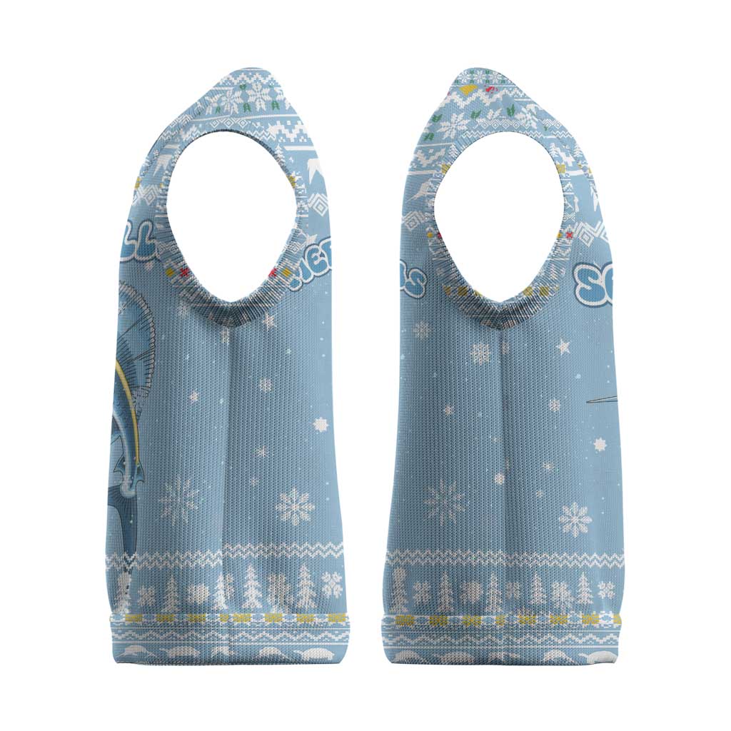 Seychelles Christmas Knitted V-Neck Vest Ocean Blue Marlin Fish Artwork and Surfing Santa Motif - African Pride