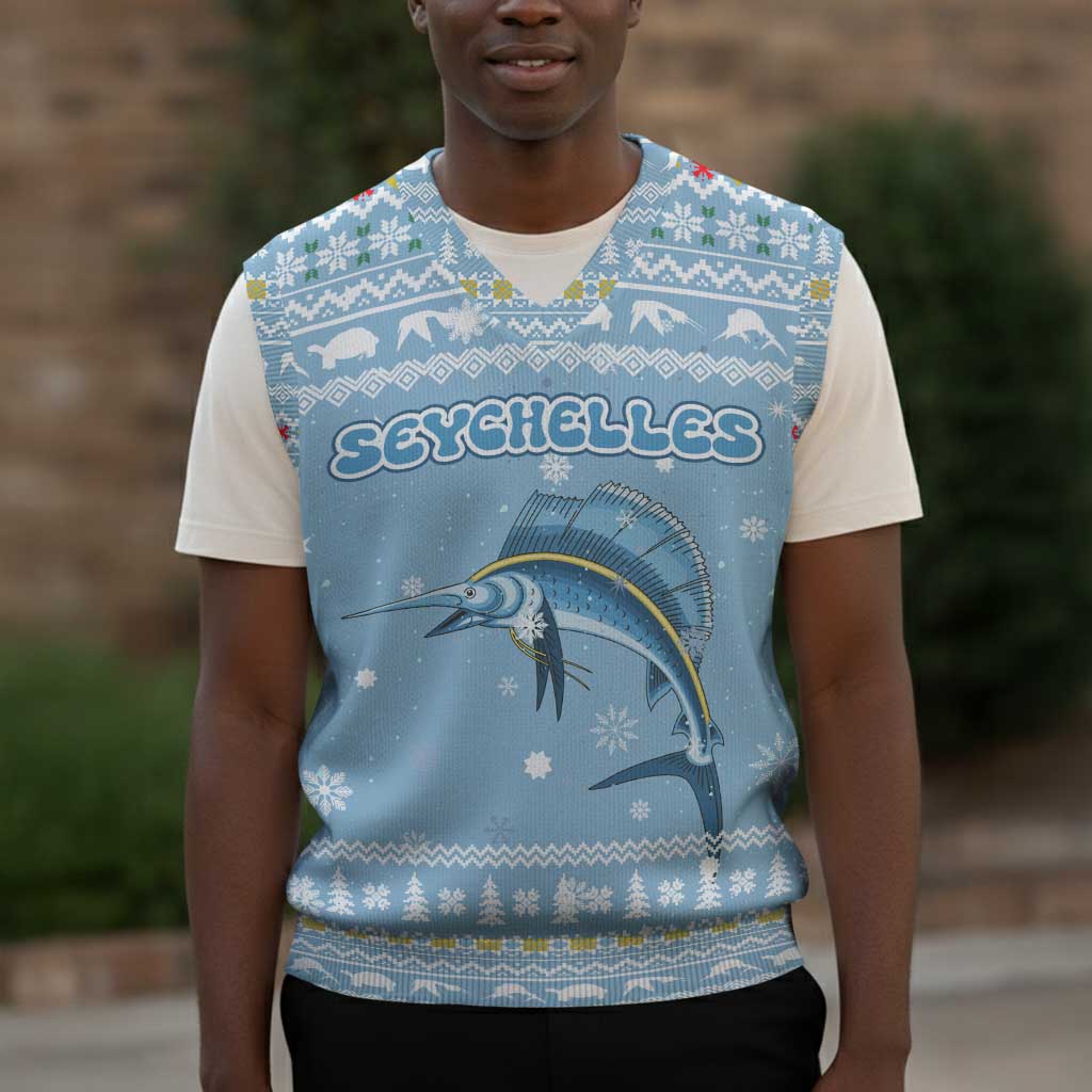 Seychelles Christmas Knitted V-Neck Vest Ocean Blue Marlin Fish Artwork and Surfing Santa Motif - African Pride