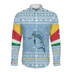 Seychelles Christmas Long Sleeve Button Shirt Ocean Blue Marlin Fish Artwork and Surfing Santa Motif - African Pride