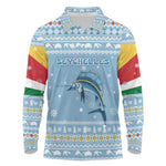 Seychelles Christmas Long Sleeve Polo Shirt Ocean Blue Marlin Fish Artwork and Surfing Santa Motif - African Pride