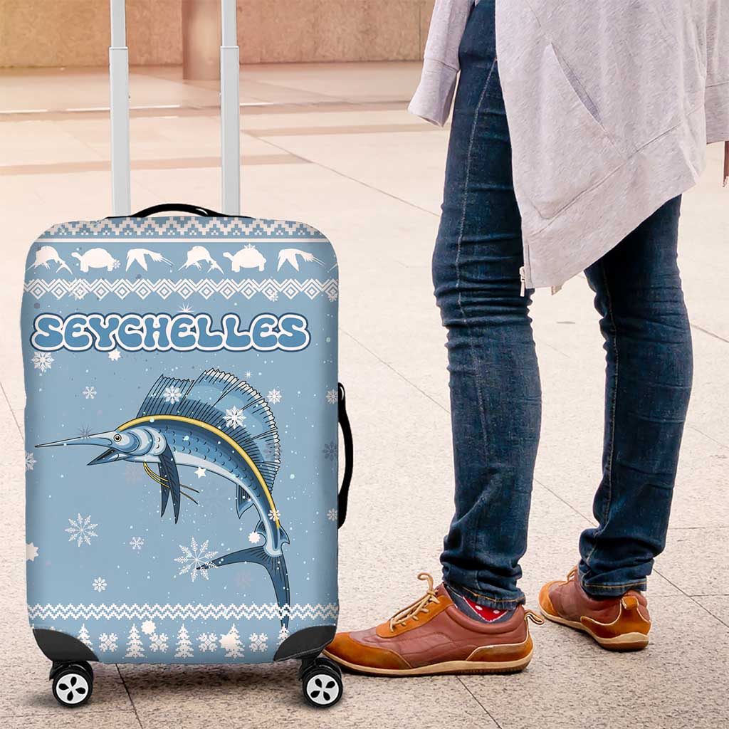 Seychelles Christmas Luggage Cover Ocean Blue Marlin Fish Artwork and Surfing Santa Motif - African Pride