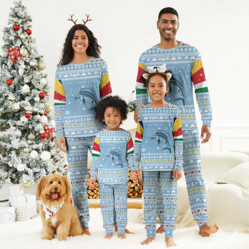 Seychelles Christmas Pajama Set Ocean Blue Marlin Fish Artwork and Surfing Santa Motif - African Pride