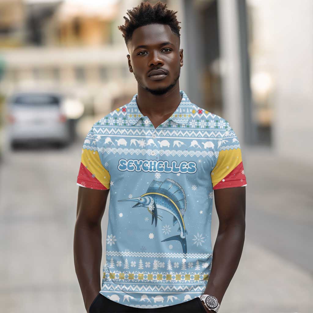 Seychelles Christmas Polo Shirt Ocean Blue Marlin Fish Artwork and Surfing Santa Motif - African Pride