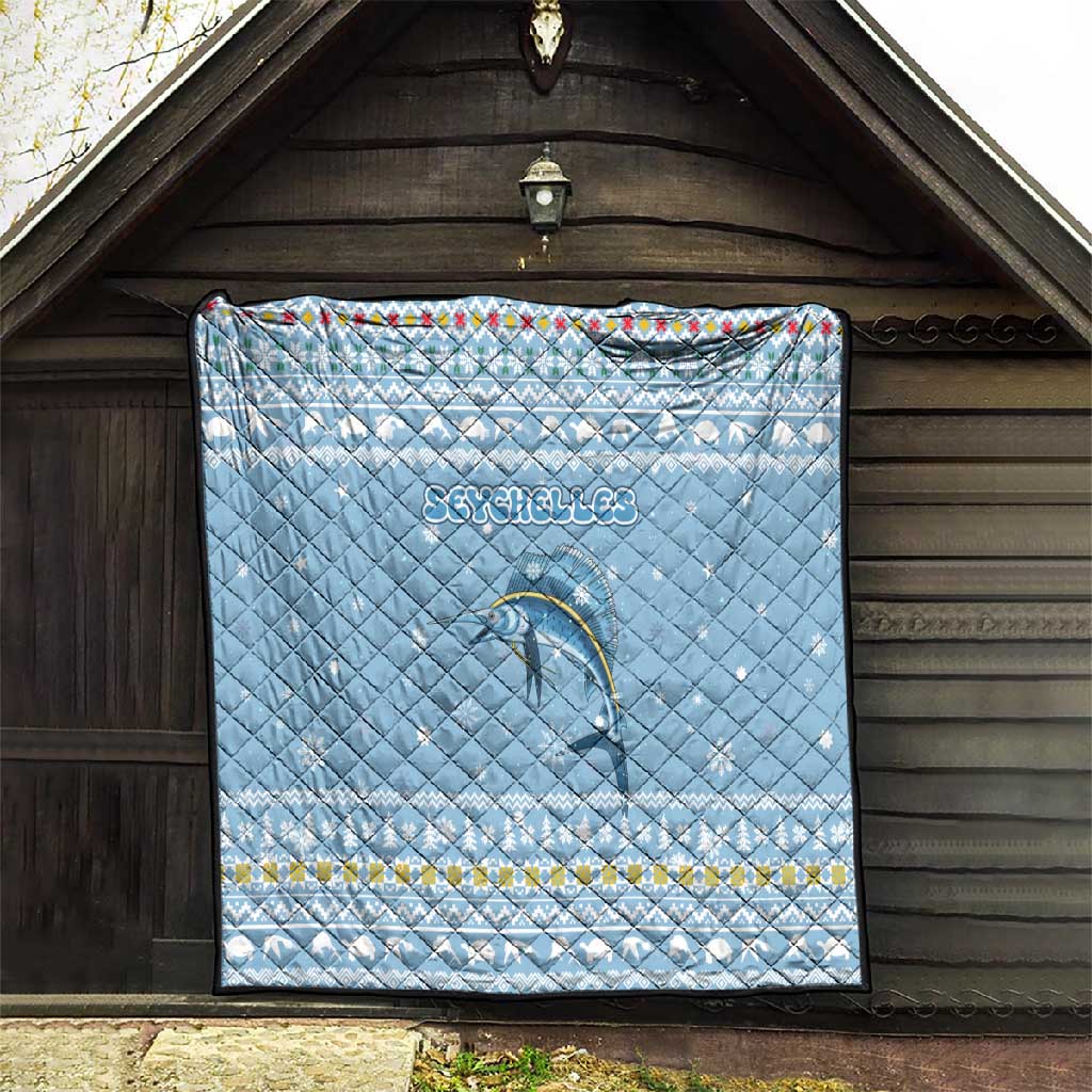 Seychelles Christmas Quilt Ocean Blue Marlin Fish Artwork and Surfing Santa Motif - African Pride