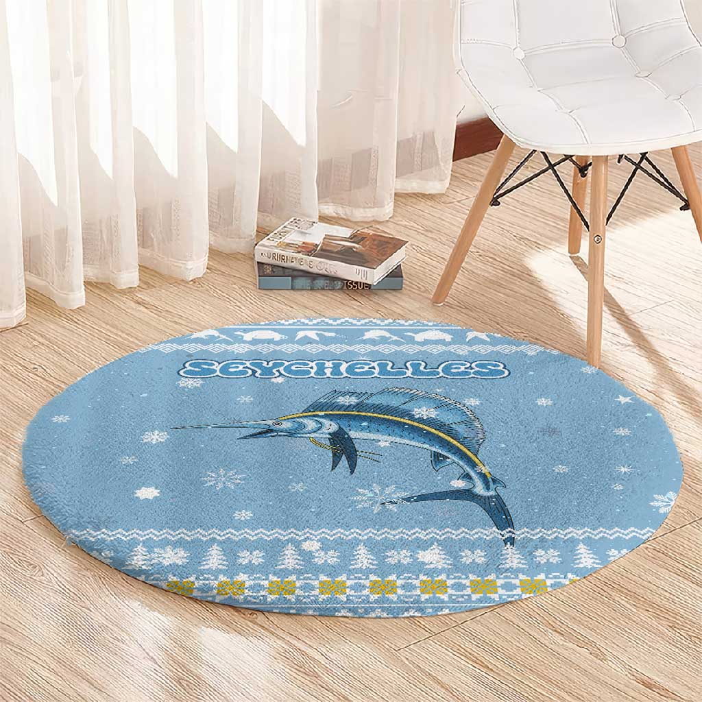 Seychelles Christmas Round Carpet Ocean Blue Marlin Fish Artwork and Surfing Santa Motif - African Pride