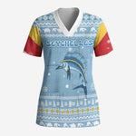 Seychelles Christmas Scrub Top Ocean Blue Marlin Fish Artwork and Surfing Santa Motif - African Pride
