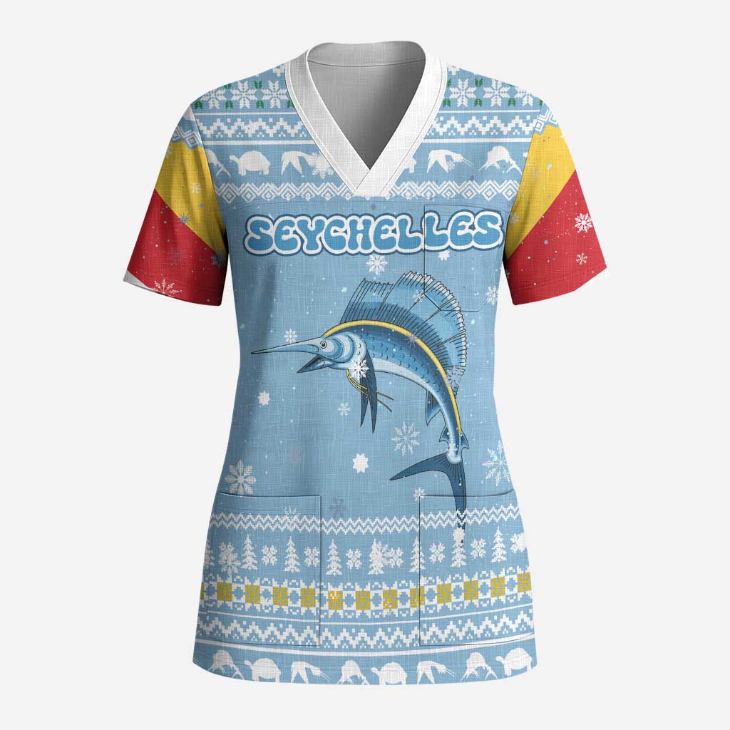 Seychelles Christmas Scrub Top Ocean Blue Marlin Fish Artwork and Surfing Santa Motif - African Pride