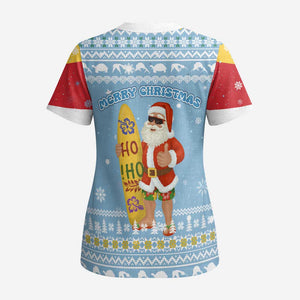 Seychelles Christmas Scrub Top Ocean Blue Marlin Fish Artwork and Surfing Santa Motif - African Pride