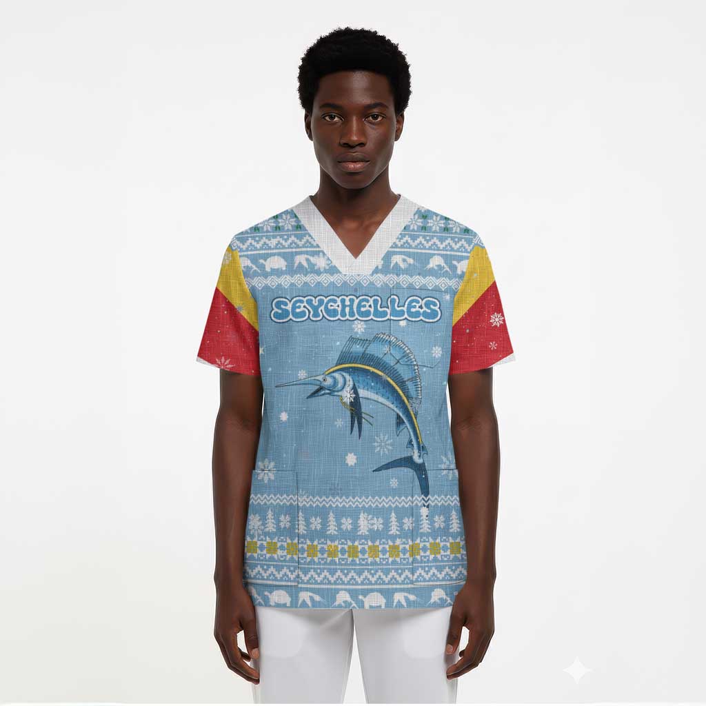 Seychelles Christmas Scrub Top Ocean Blue Marlin Fish Artwork and Surfing Santa Motif - African Pride