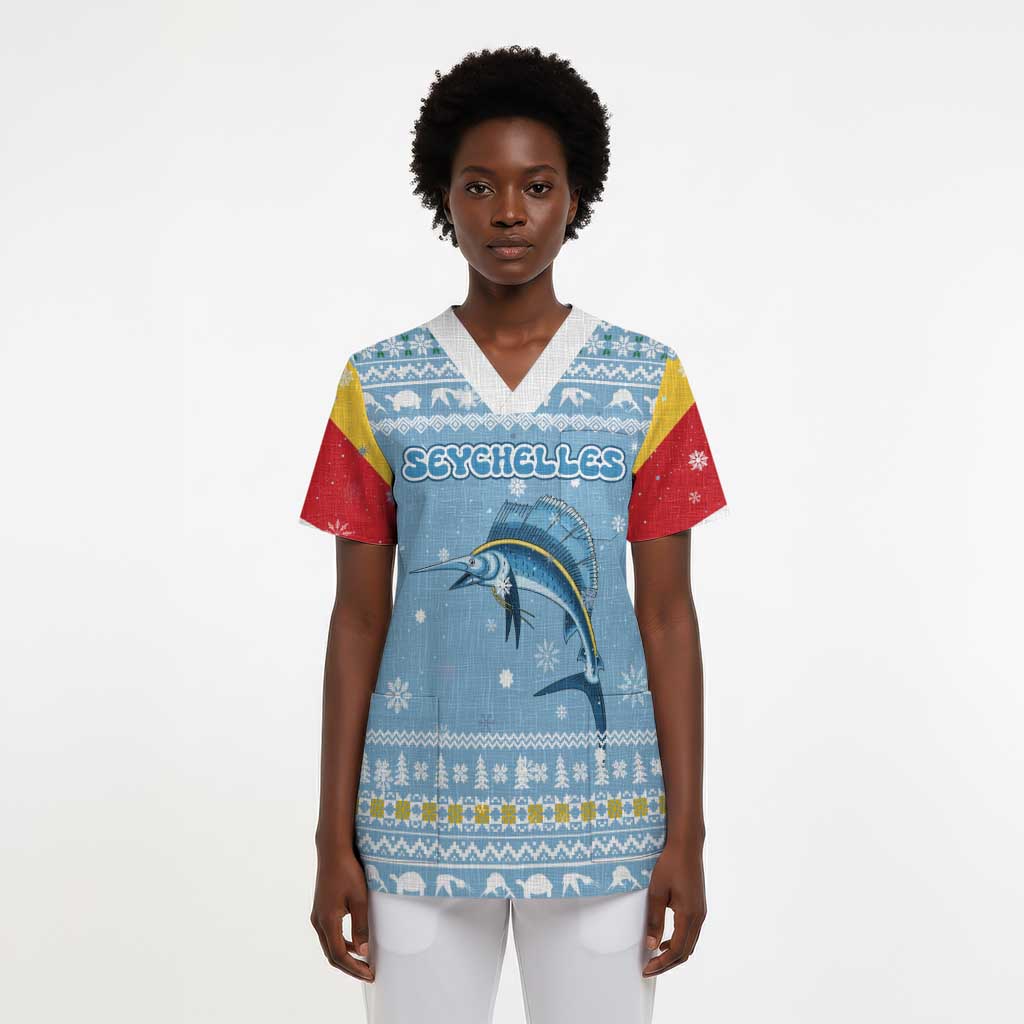 Seychelles Christmas Scrub Top Ocean Blue Marlin Fish Artwork and Surfing Santa Motif - African Pride