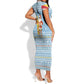 Seychelles Christmas Short Sleeve Bodycon Dress Ocean Blue Marlin Fish Artwork and Surfing Santa Motif - African Pride