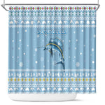 Seychelles Christmas Shower Curtain Ocean Blue Marlin Fish Artwork and Surfing Santa Motif - African Pride