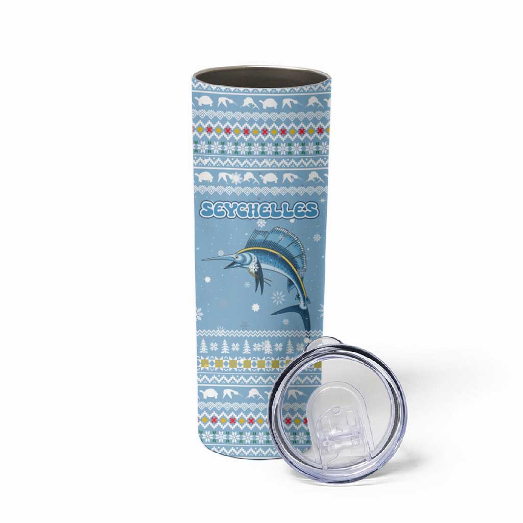 Seychelles Christmas Skinny Tumbler Ocean Blue Marlin Fish Artwork and Surfing Santa Motif - African Pride