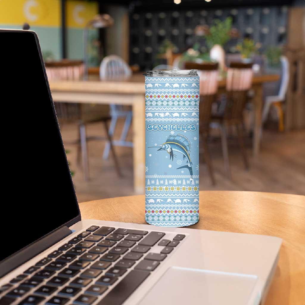 Seychelles Christmas Skinny Tumbler Ocean Blue Marlin Fish Artwork and Surfing Santa Motif - African Pride